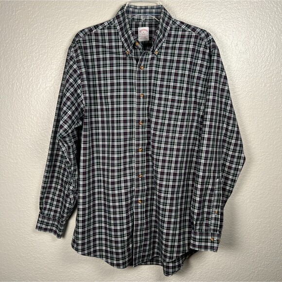 Brooks Brothers 346 Sz Mens M Non-Iron B&W Plaid Long-Sleeve Button-Down Shirt - Picture 2 of 10